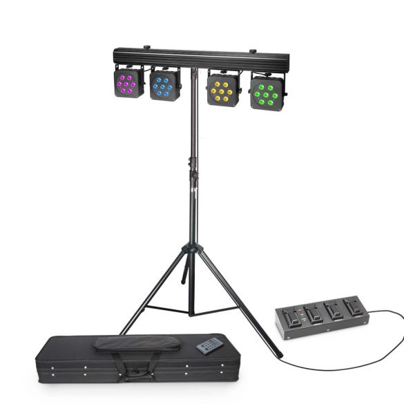 Set mit 28 x 8 W QUAD Colour LED Lichtanlage mit Transportcase, 4-Fach Fußpedal und Stativ